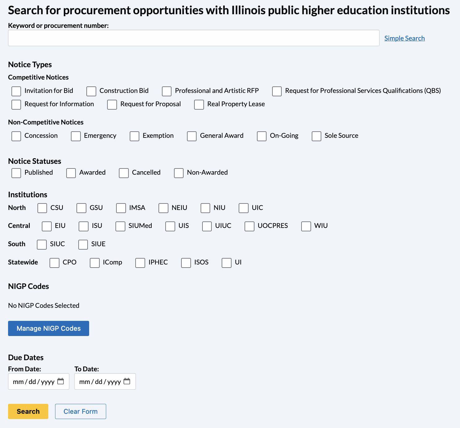 The Advanced Search page interface with a search box and filters 