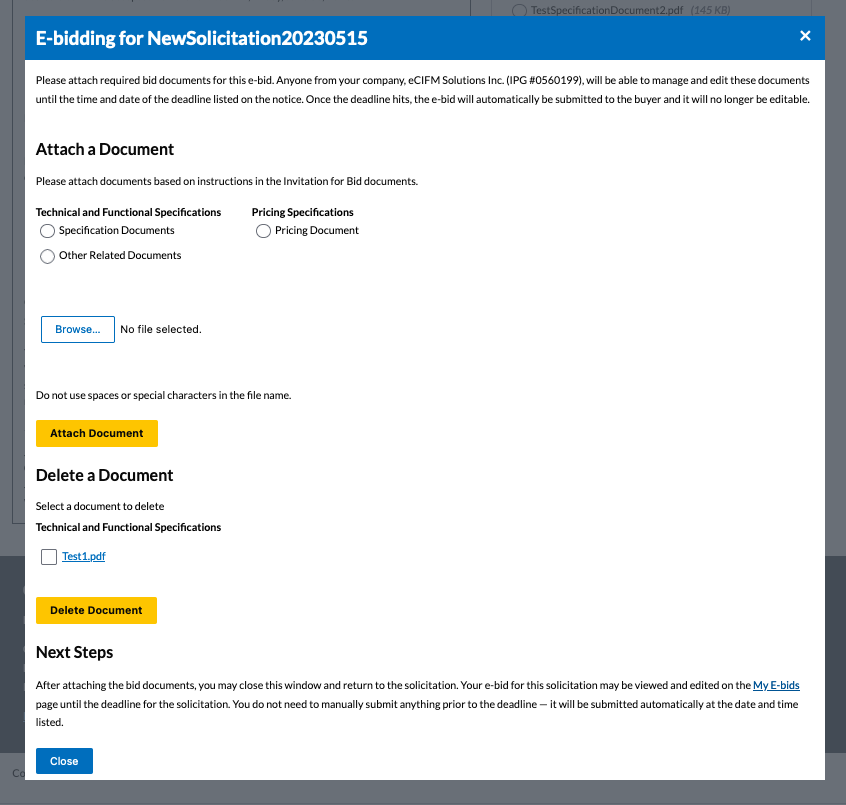 The e-bidding manage document modal. It contains a section to attach a document where you can select the type of document it is from one of the radio button options and then choose a file to upload, as well as a section for deleting documents you've already attached.