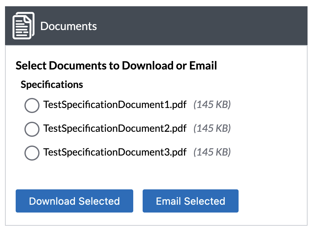 A screenshot of the download section that appear on notices and solicitations when the user is logged into their  Bulletin account. It shows the available documents in the form of a radio button list with buttons for 'Download Selected' and 'Email Selected' under the list.