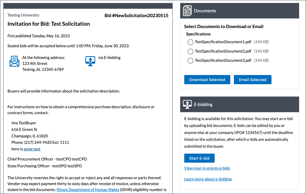 A sample solicitation posting. It shows the example content of a bid solicitation, as well as the notice documents available for download and a box with e-bidding information.