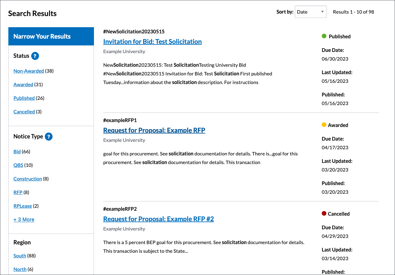 A screenshot of the search results page that shows that users can narrow their search by filtering based on status, notice type, region, and institution.